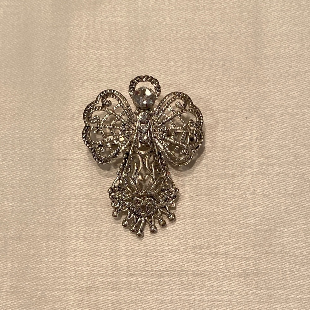 Vintage Filigree Silver-toned Angel Brooch with Halo and Wings.  Signed: Best.